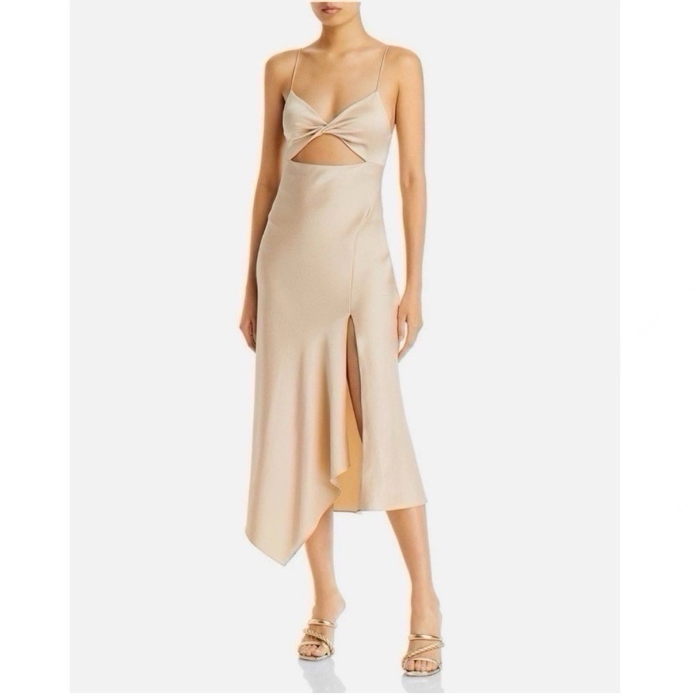 Alice + Olivia Champagne Satin Asymmetrical Cutout Midi Dress